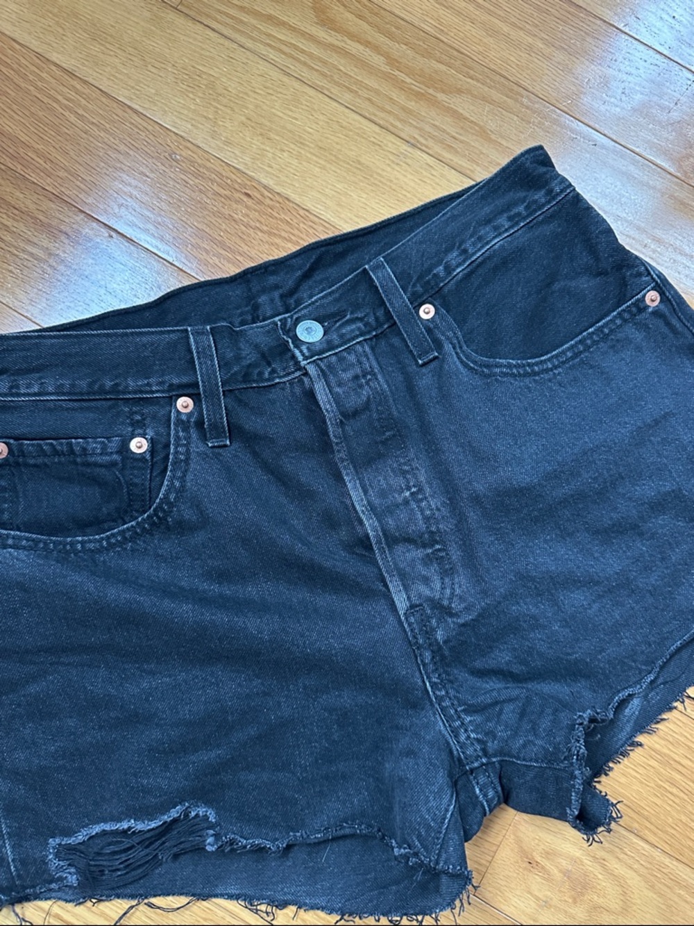 Levi's Black Distressed High-Rise Denim Shorts - Picture 2 of 4